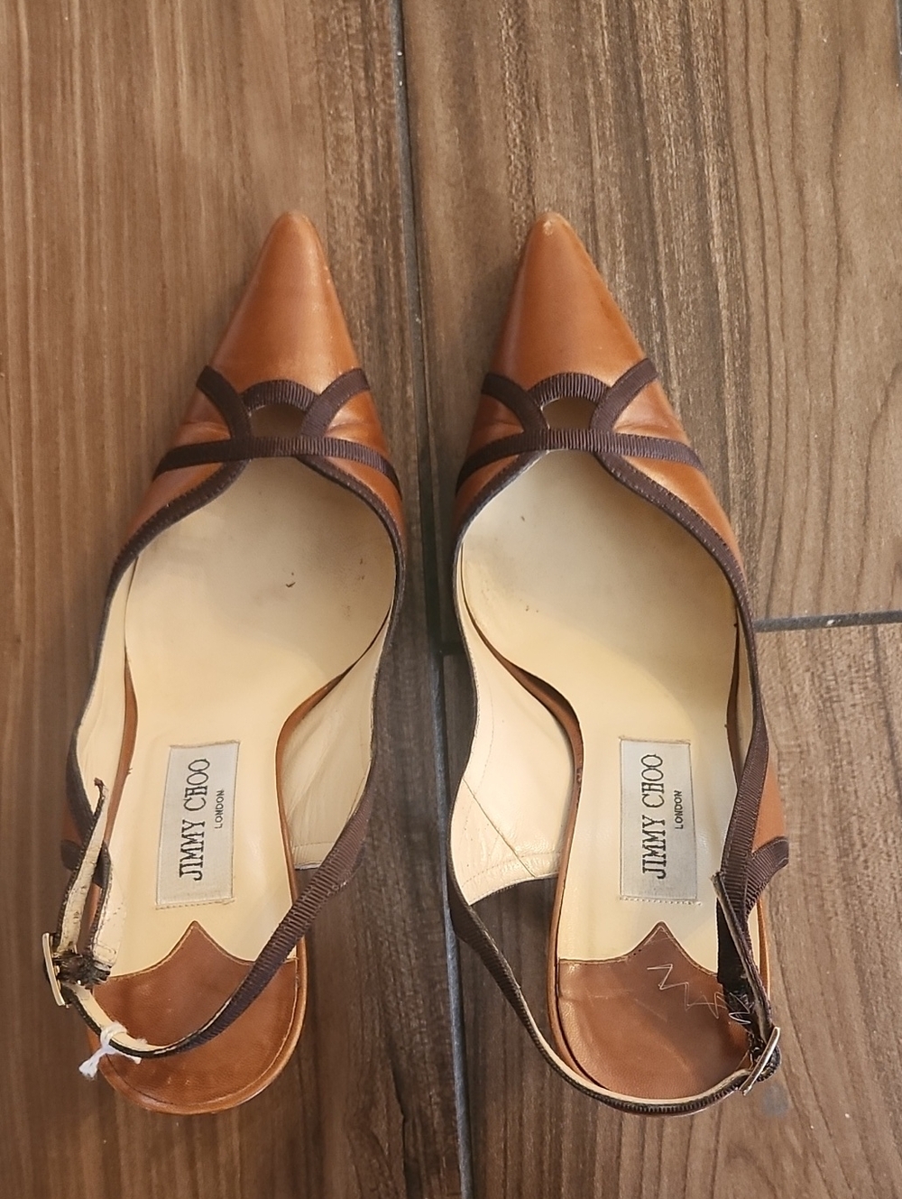 Jimmy Choo Two-Tone Tan and Brown Pointed Slingback Pumps